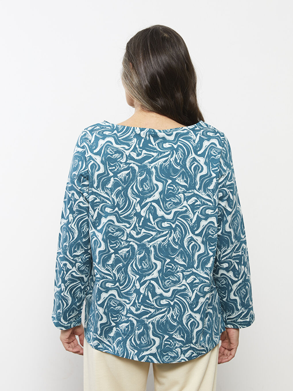 Mavi Bisiklet Yaka Desenli Uzun Kollu Pamuklu Kadın Tişört-3