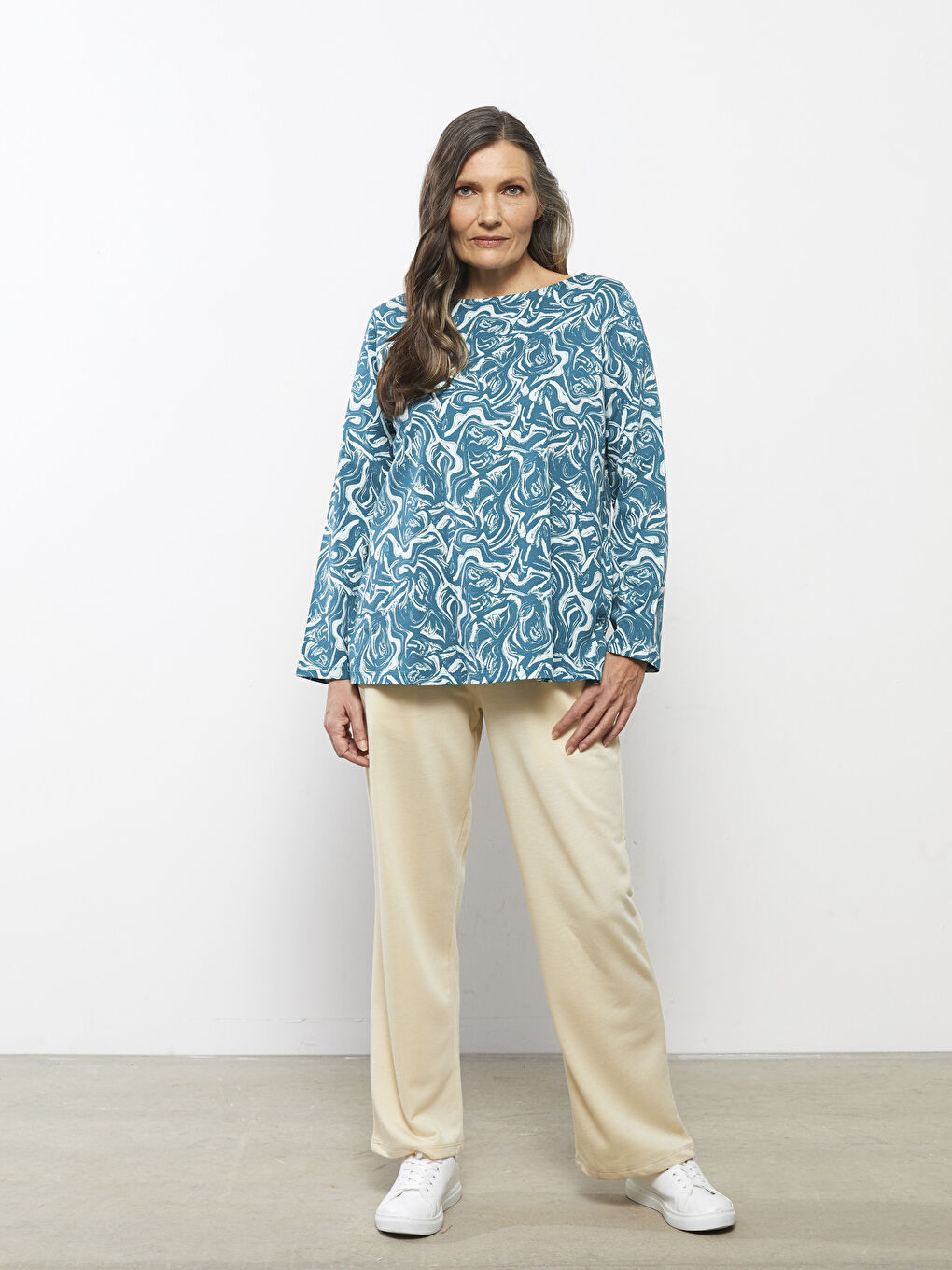 Mavi Bisiklet Yaka Desenli Uzun Kollu Pamuklu Kadın Tişört-1