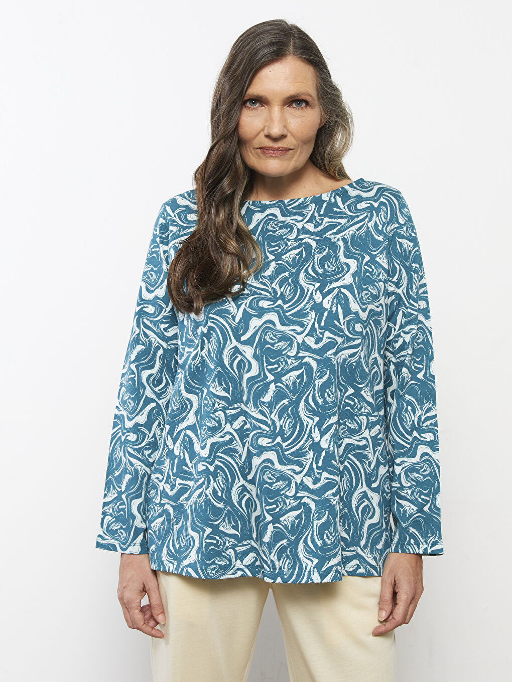 Mavi Bisiklet Yaka Desenli Uzun Kollu Pamuklu Kadın Tişört-2