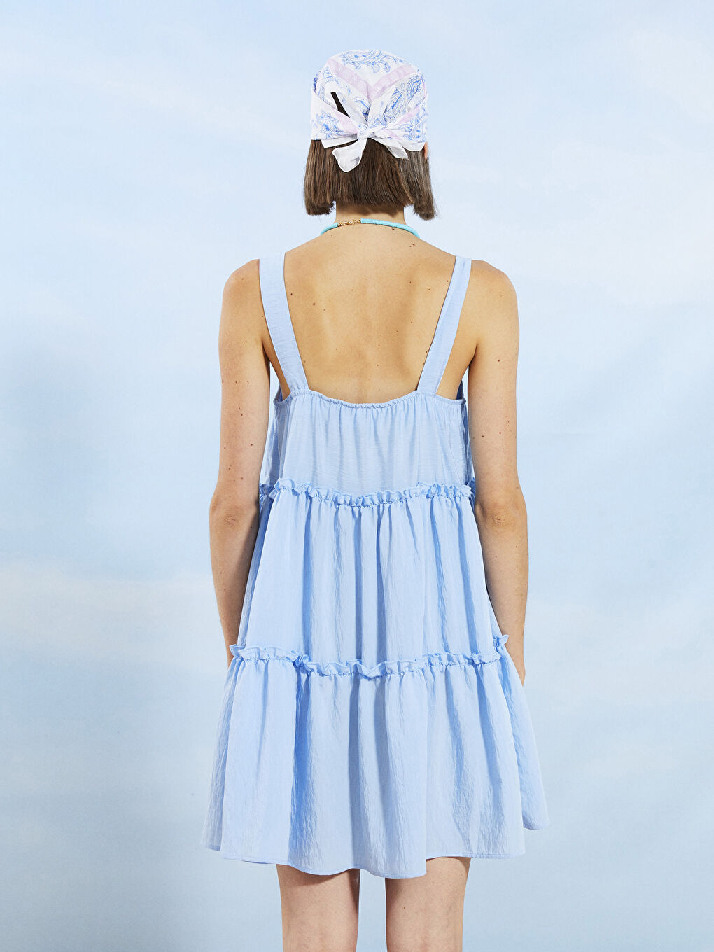 Mavi Kare Yaka Düz Askılı Kadın Plaj Elbisesi-5