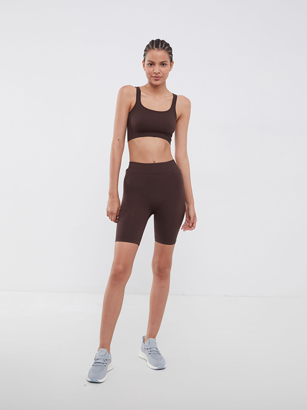 Kahverengi Kadın Beli Lastikli Düz Şort Tayt-1