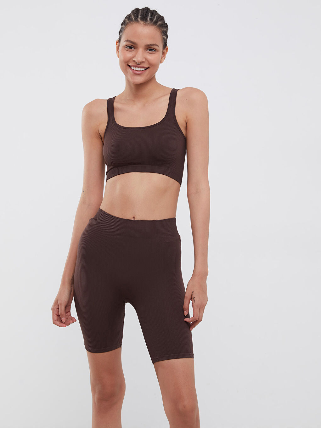 Kahverengi Kadın Beli Lastikli Düz Şort Tayt-2