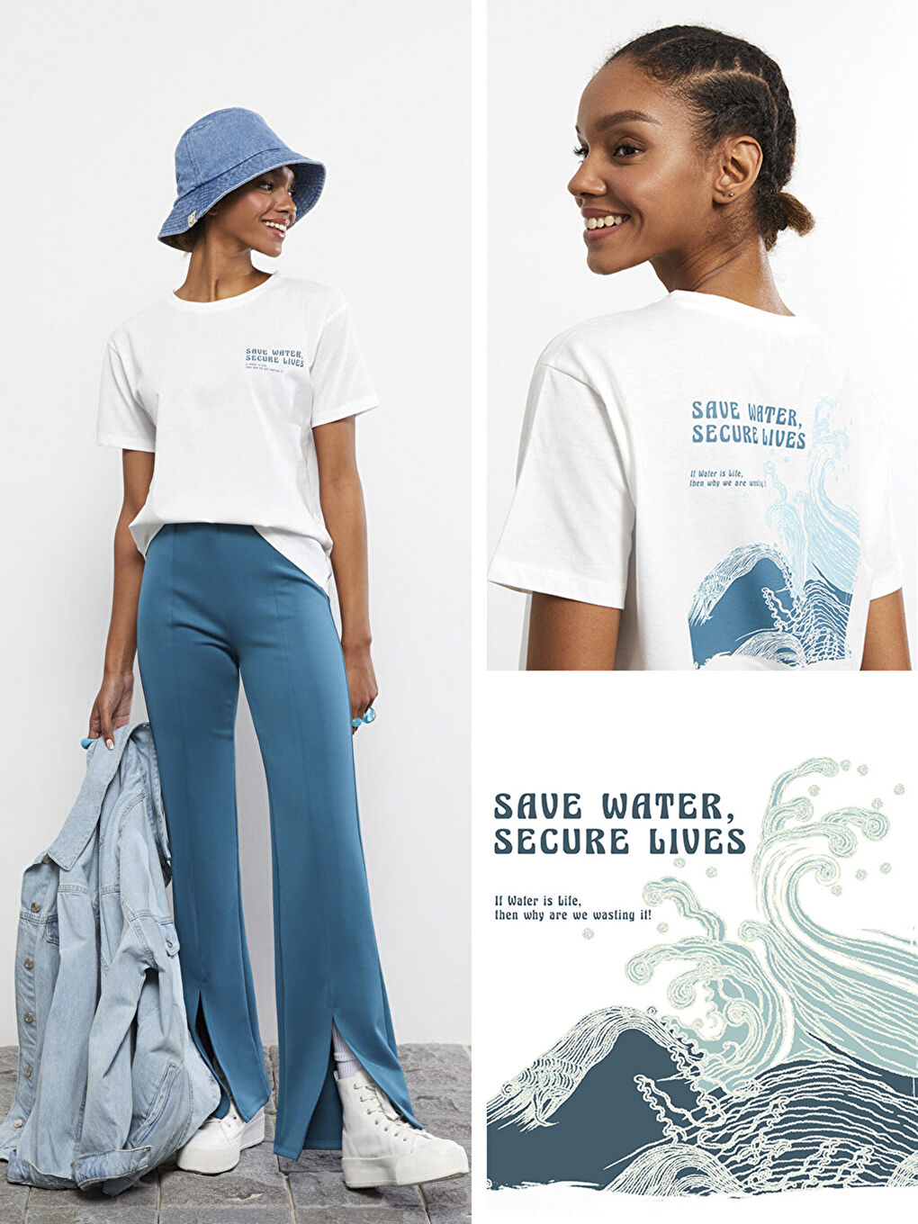 Ekru Bisiklet Yaka Yazı Baskılı Kısa Kollu Kadın Tişört