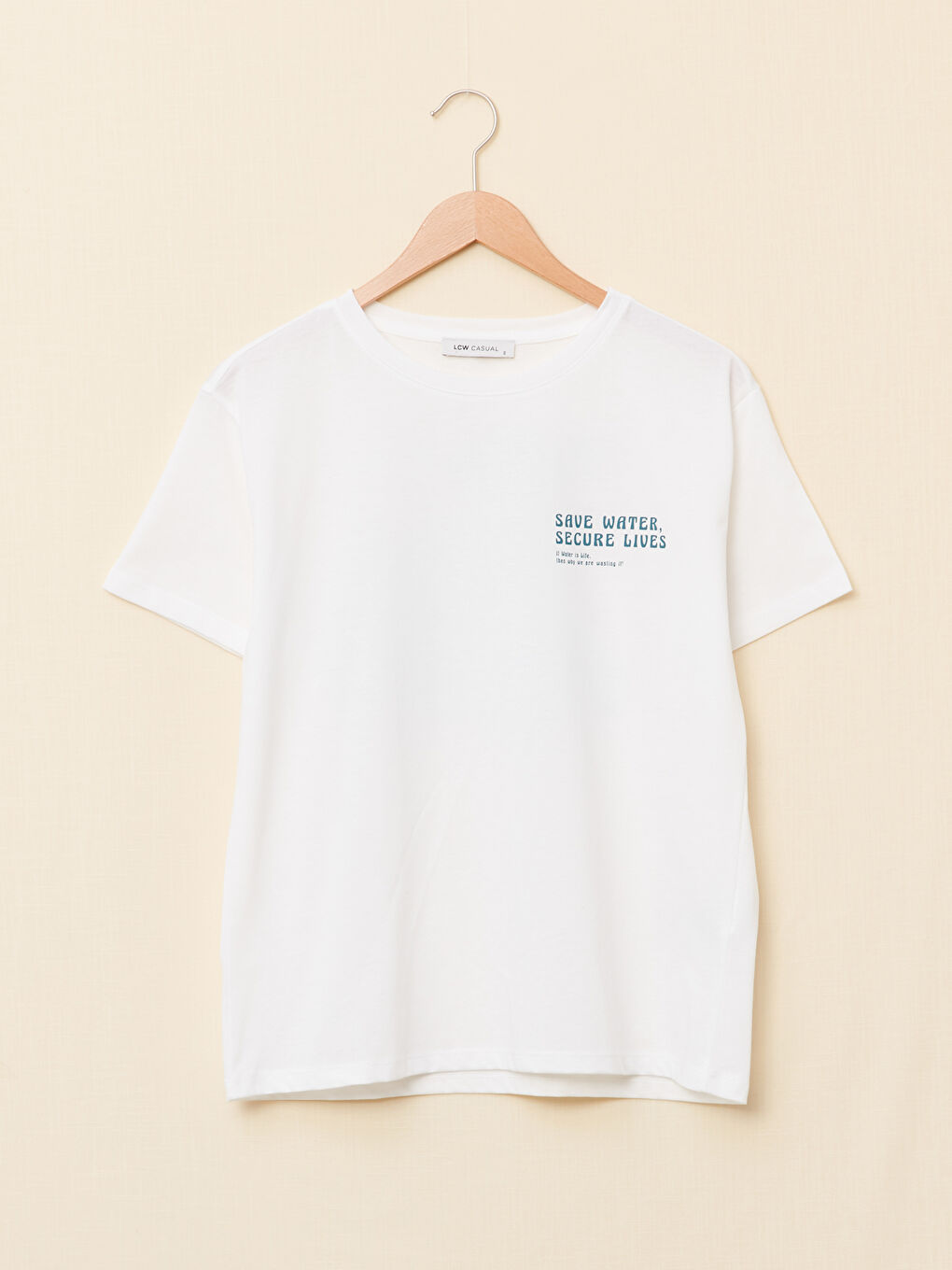 Ekru Bisiklet Yaka Yazı Baskılı Kısa Kollu Kadın Tişört-6