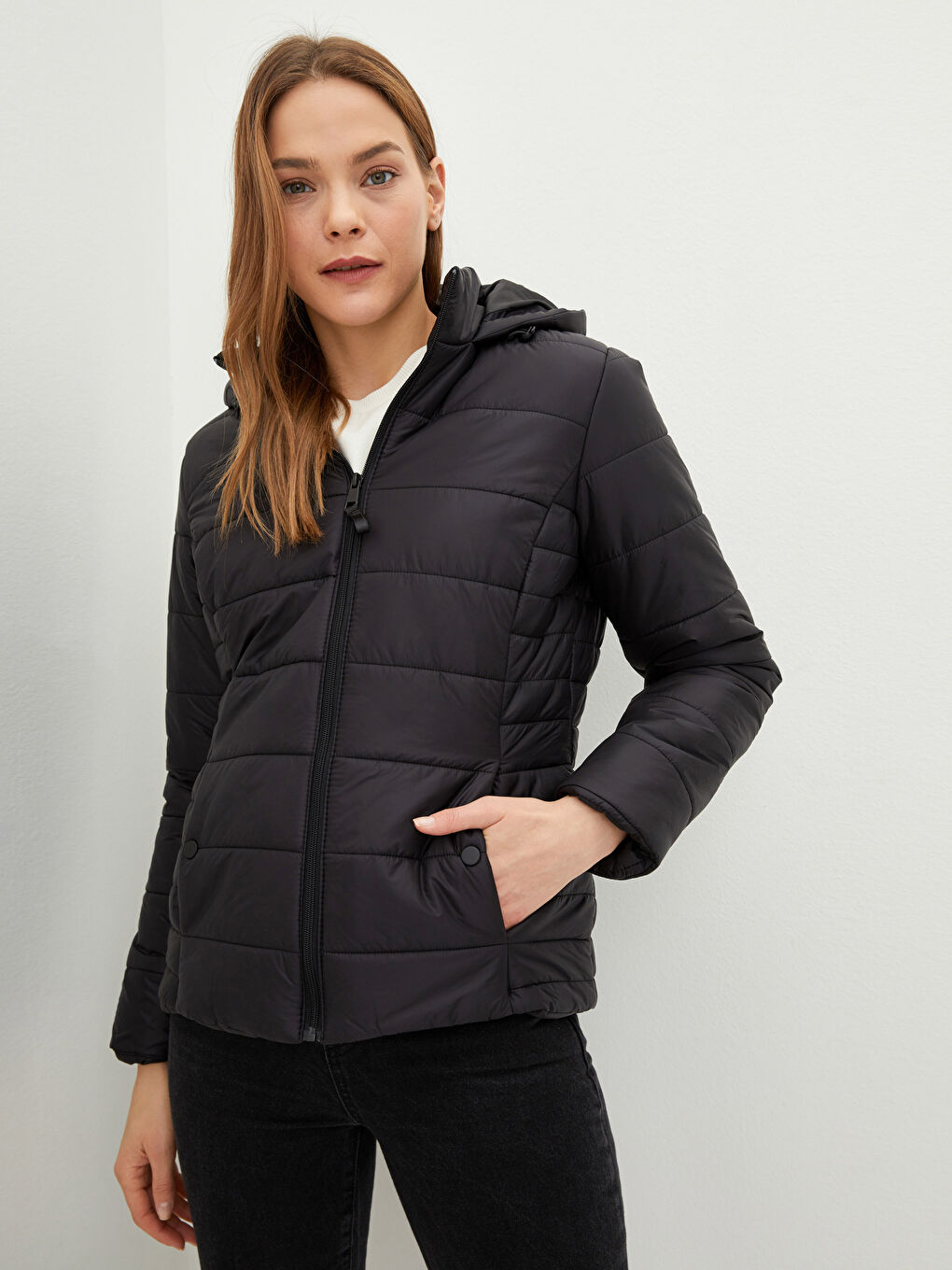 Hooded Plain Long Sleeved Pocket Detailed Women's Down Jacket