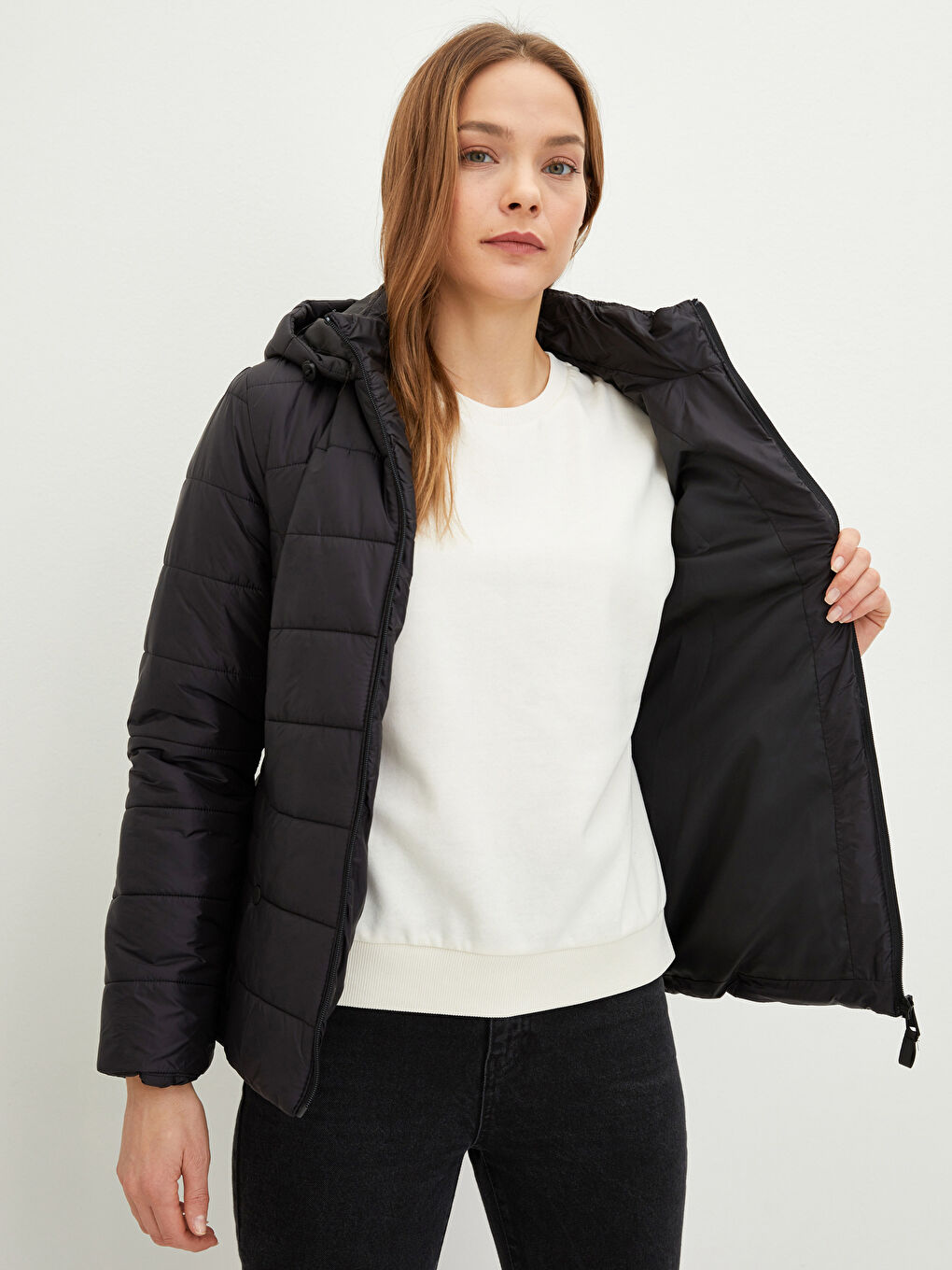 Hooded Plain Long Sleeved Pocket Detailed Women's Down Jacket-1