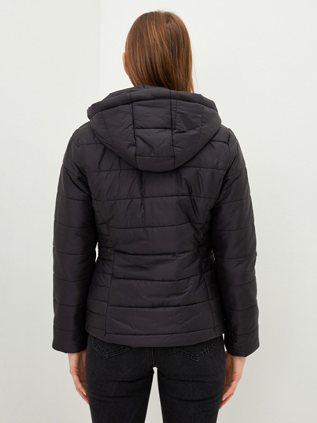 Hooded Plain Long Sleeved Pocket Detailed Women's Down Jacket-4