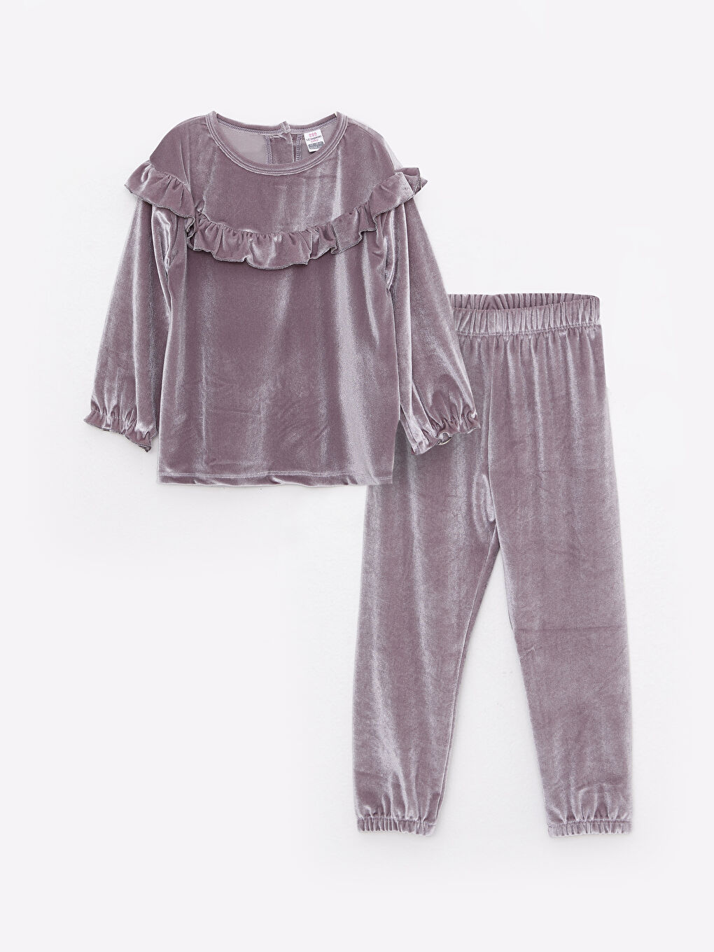 Gri Bisiklet Yaka Uzun Kollu Kadife Kız Bebek Sweatshirt ve Pantolon 2'li Takım