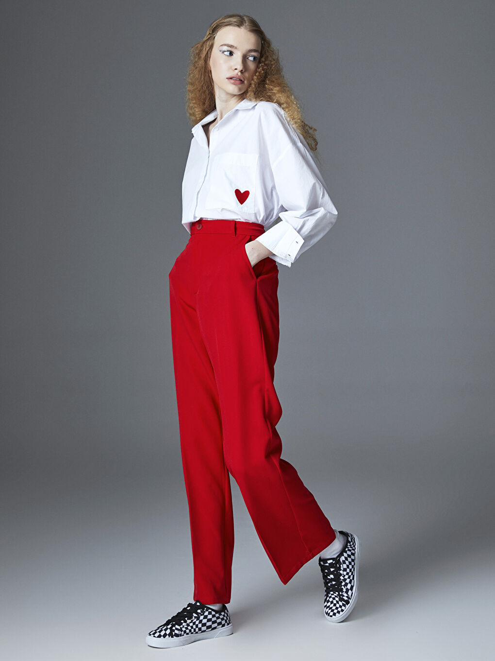 Kırmızı Standart Fit Düz Cep Detaylı Kadın Pantolon