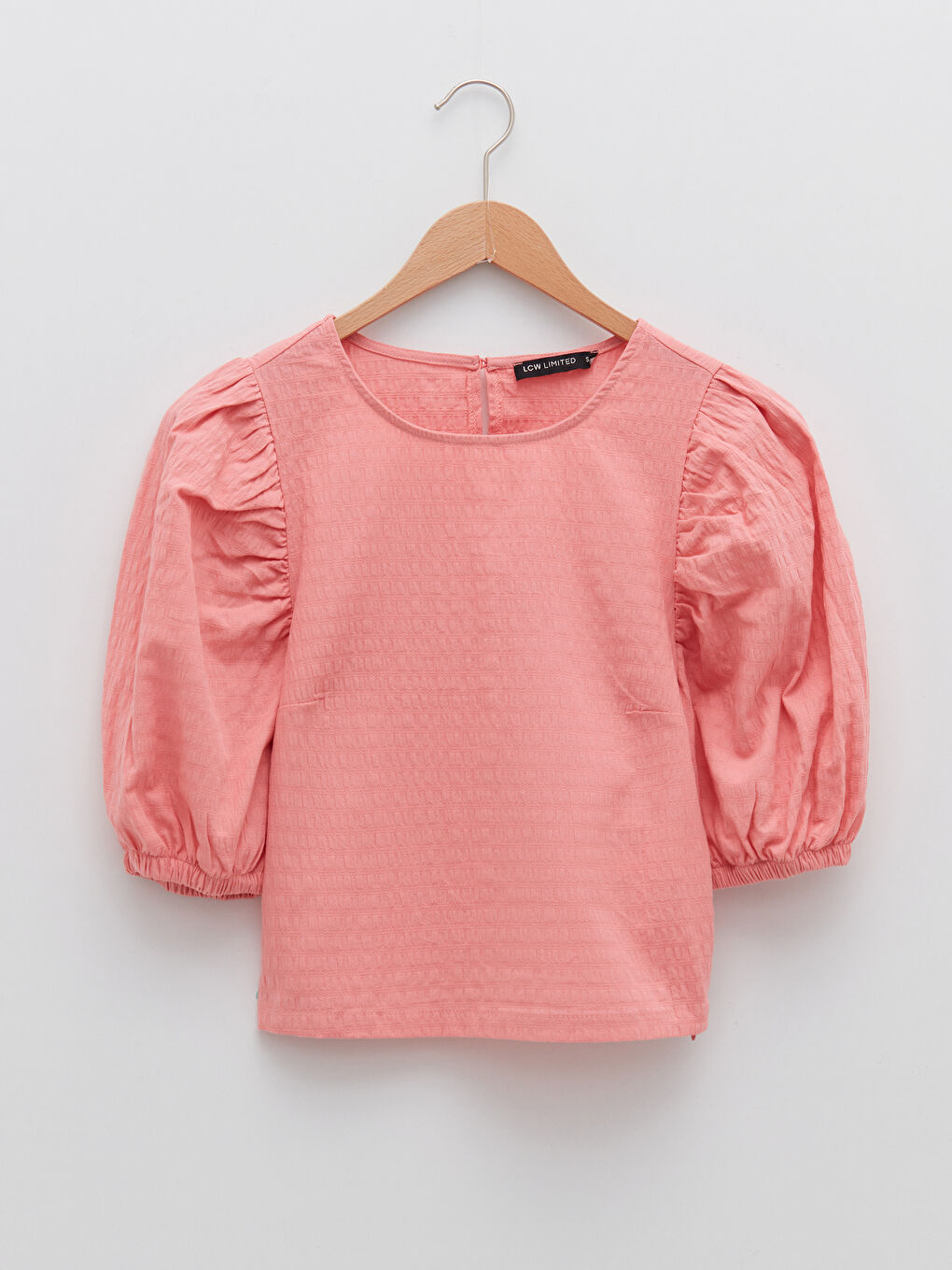 Pembe Bisiklet Yaka Kendinden Desenli Kısa Kollu Pamuklu Kadın Bluz-6