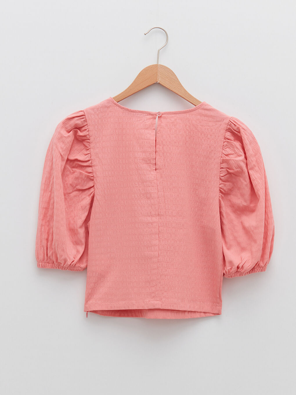 Pembe Bisiklet Yaka Kendinden Desenli Kısa Kollu Pamuklu Kadın Bluz-7