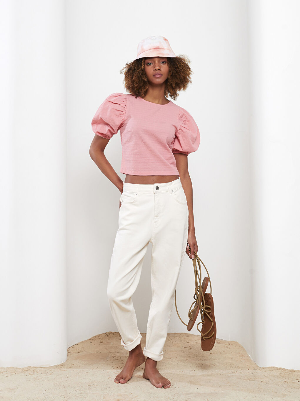 Pembe Bisiklet Yaka Kendinden Desenli Kısa Kollu Pamuklu Kadın Bluz-2