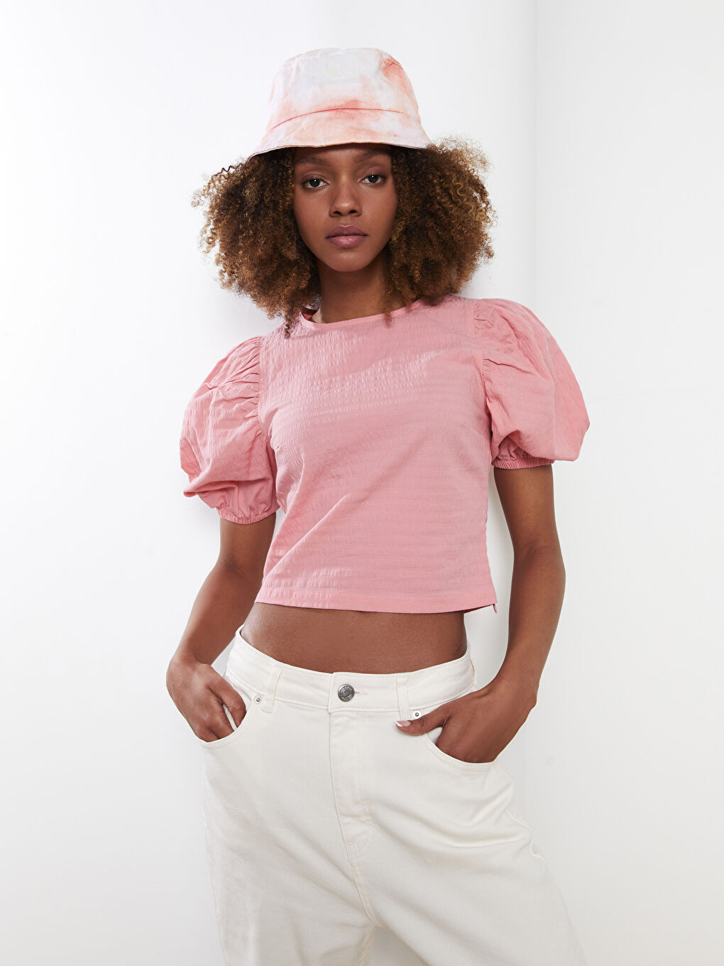 Pembe Bisiklet Yaka Kendinden Desenli Kısa Kollu Pamuklu Kadın Bluz-3