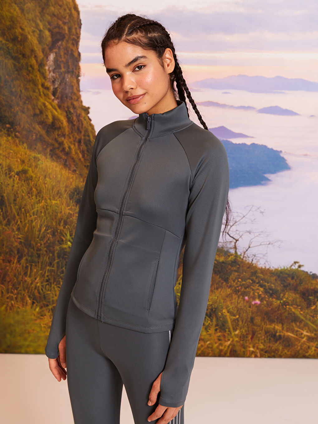 Gri Dik Yaka Kadın Spor Hırka-1