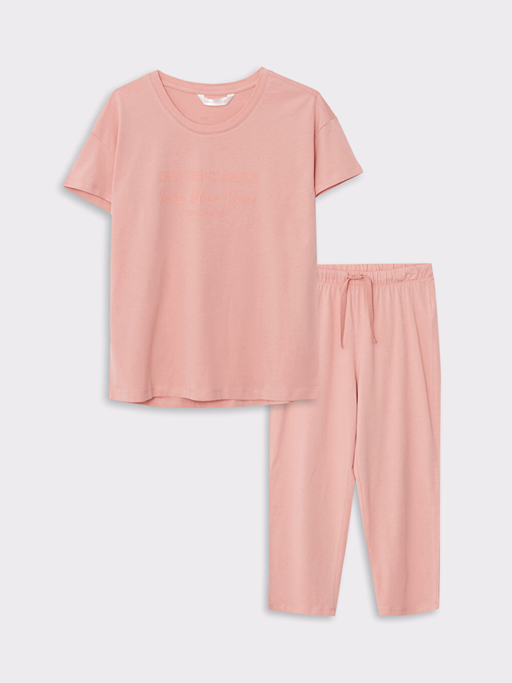 طقم بيجامة ياقة دائرية كم قصير مطبوع قطن للسيدات-5