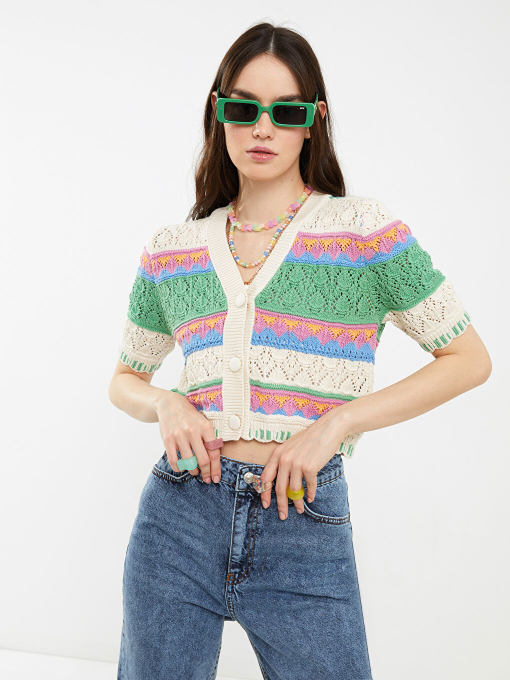 XSIDE V-Ausschnitt Bedruckte Kurzarm Strickjacke für Damen -S2H036Z8-RFC