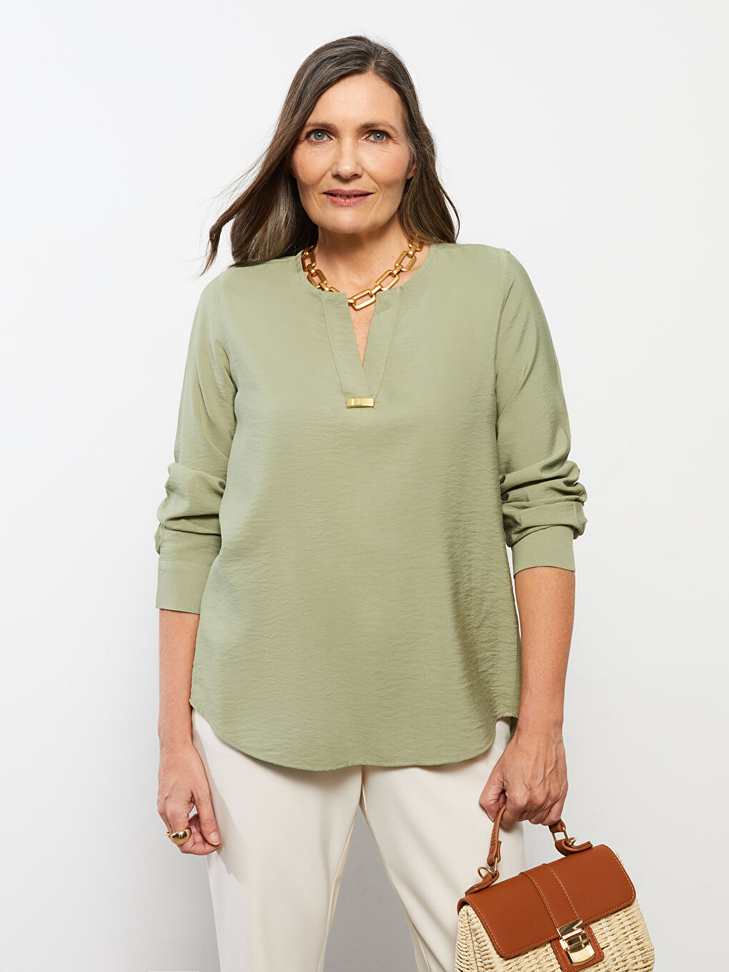 Блузка с вырезом Хенли и длинным рукавом из габардина для женщин-1