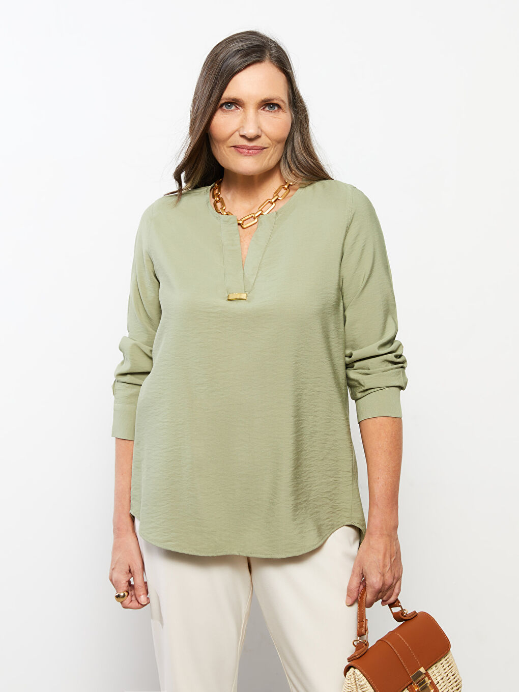 Блузка с вырезом Хенли и длинным рукавом из габардина для женщин-2
