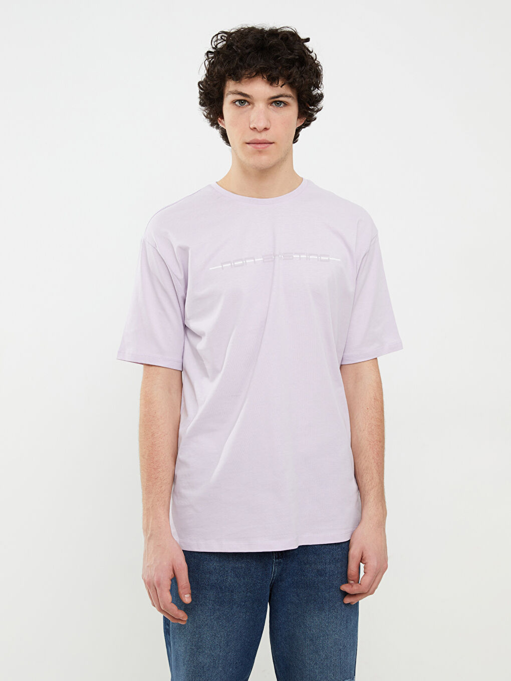 Lila Bisiklet Yaka Kısa Kollu Baskılı Penye Erkek Tişört