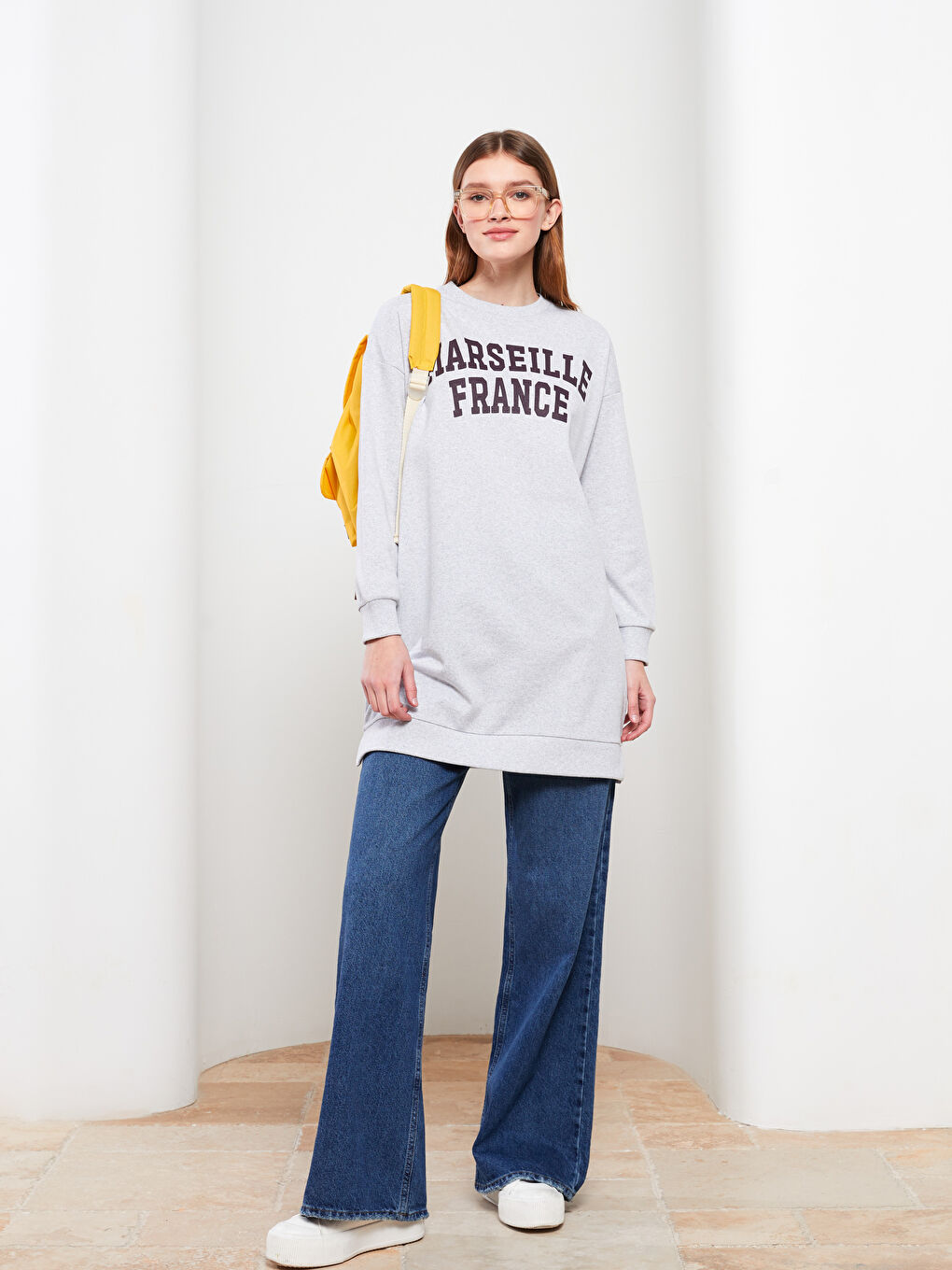 Gri Bisiklet Yaka Yazı Baskılı Uzun Kollu Kadın Sweatshirt Tunik