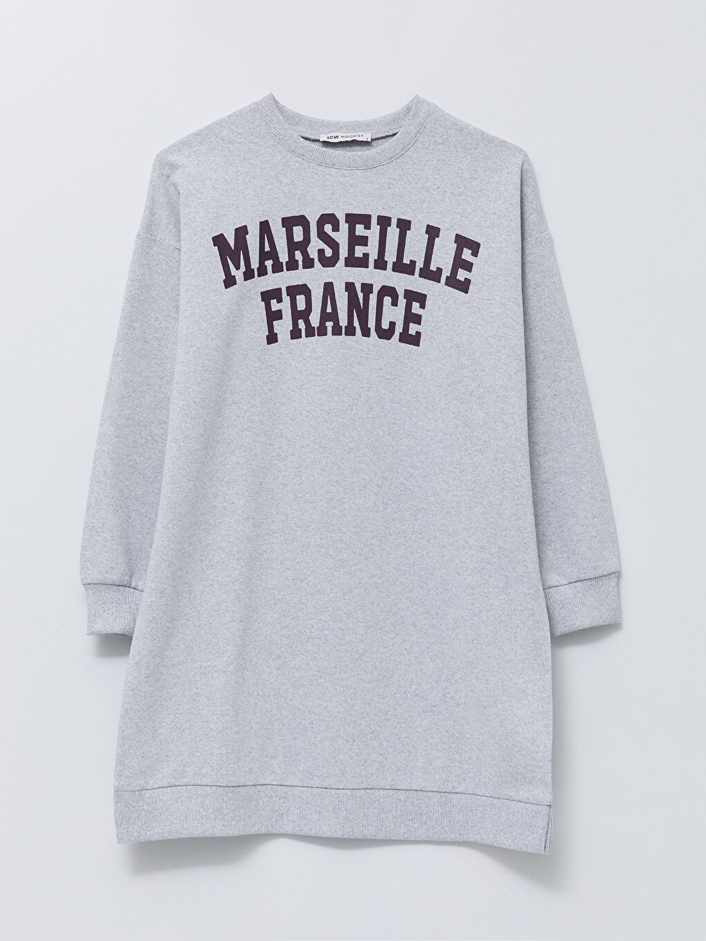 Gri Bisiklet Yaka Yazı Baskılı Uzun Kollu Kadın Sweatshirt Tunik-4