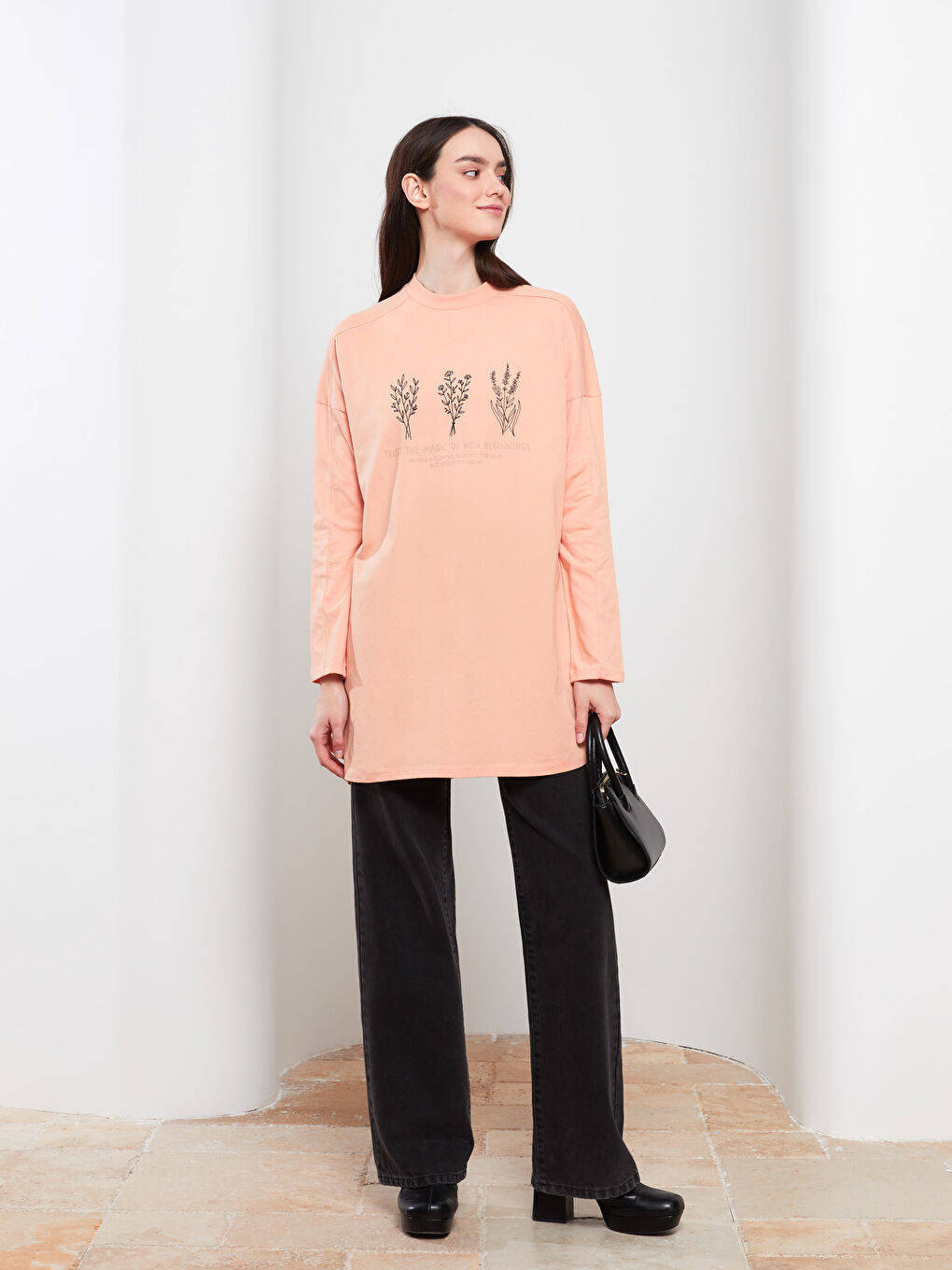 Crew Neck Printed Long Sleeve Cotton Women's Tunic