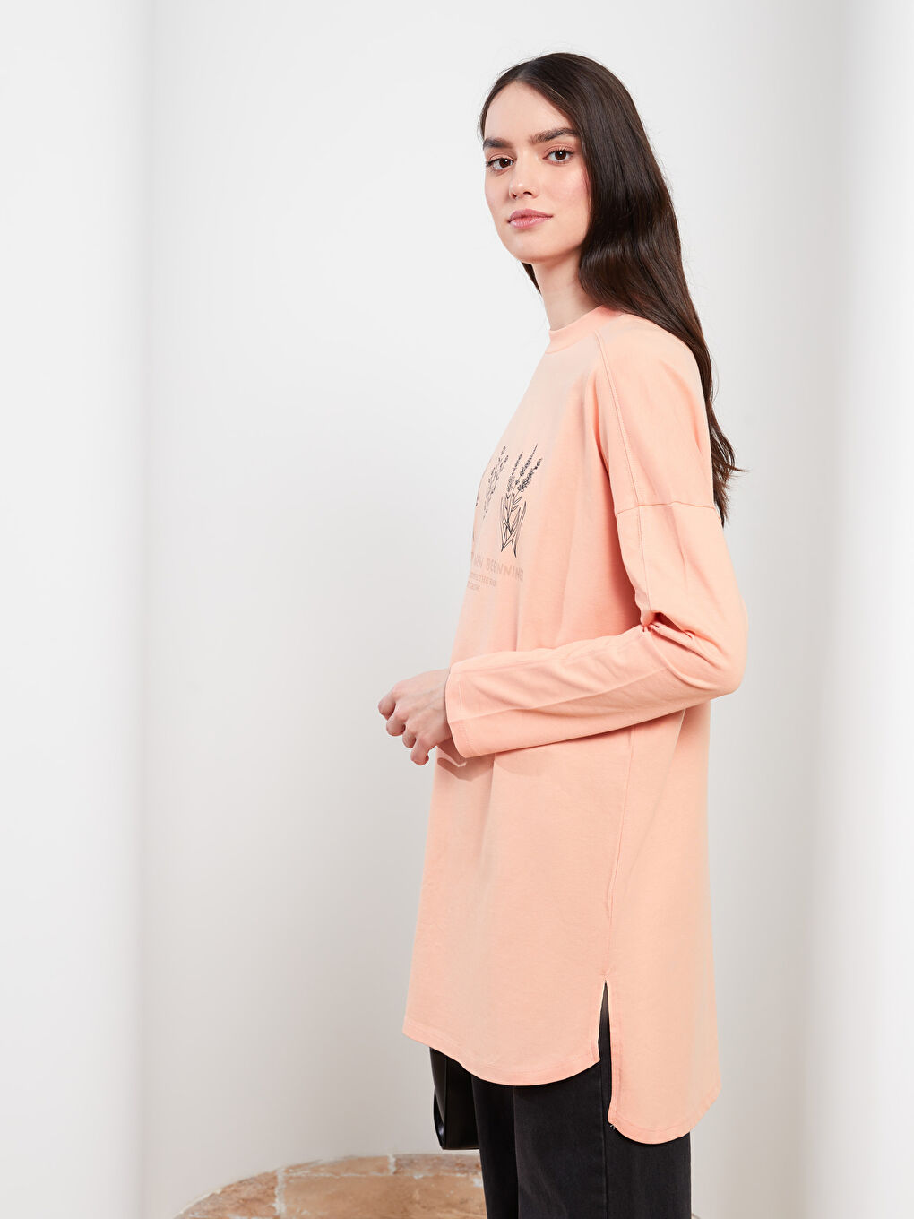 Crew Neck Printed Long Sleeve Cotton Women's Tunic-2