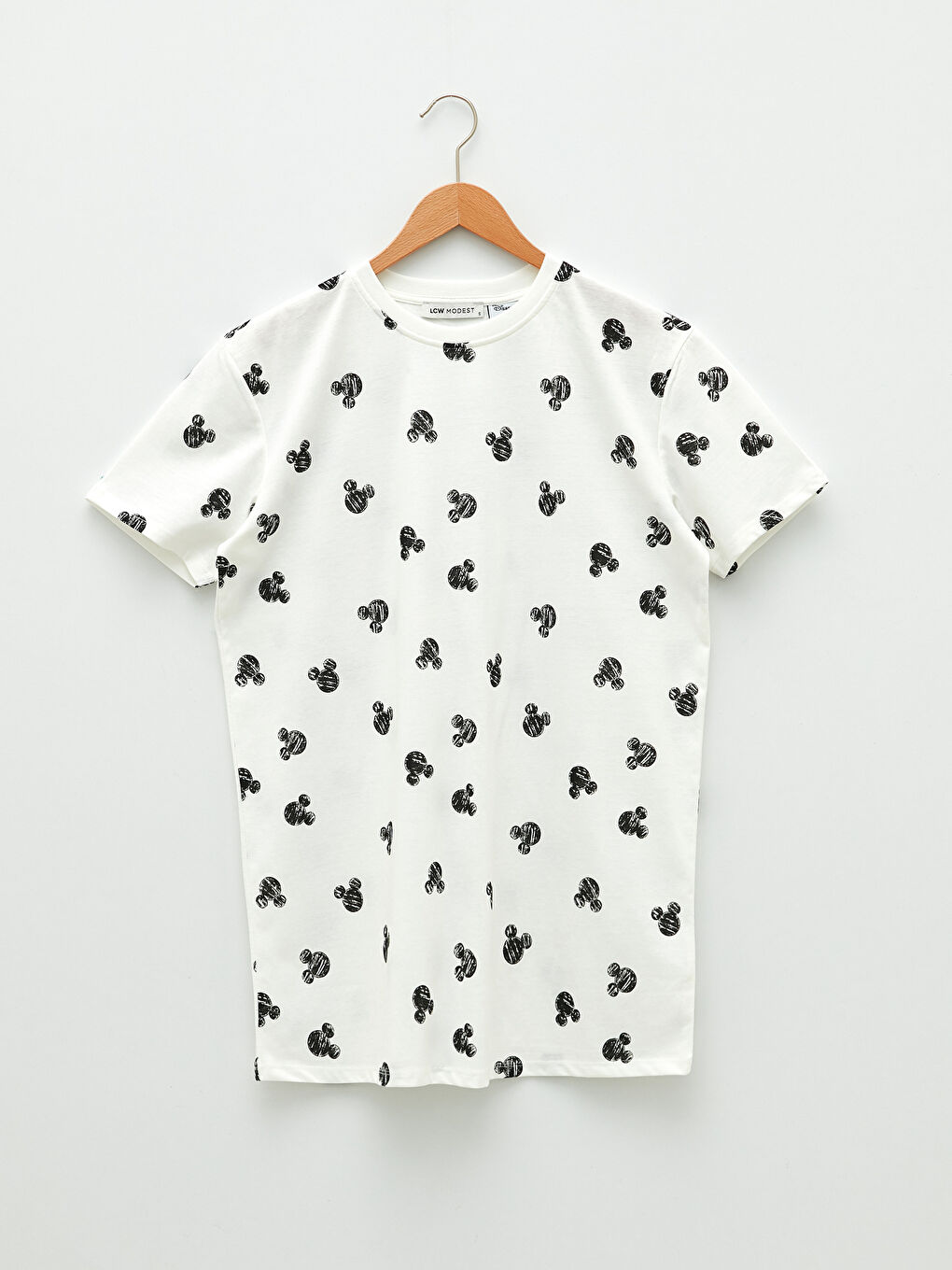 Ekru Bisiklet Yaka Mickey Mouse Desenli Kısa Kollu Kadın Tunik-5