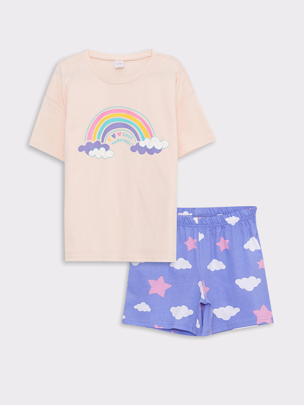 Crew Neck Printed Short Sleeve Girl's Short Pajamas Set -S2H198Z4-FVA