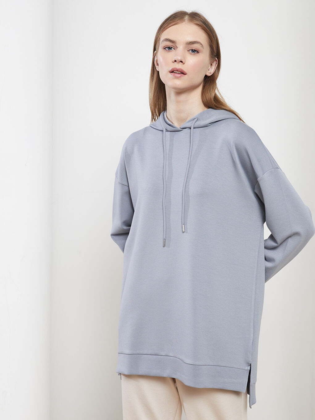 Mavi Kapüşonlu Düz Uzun Kollu Kadın Sweatshirt Tunik-1