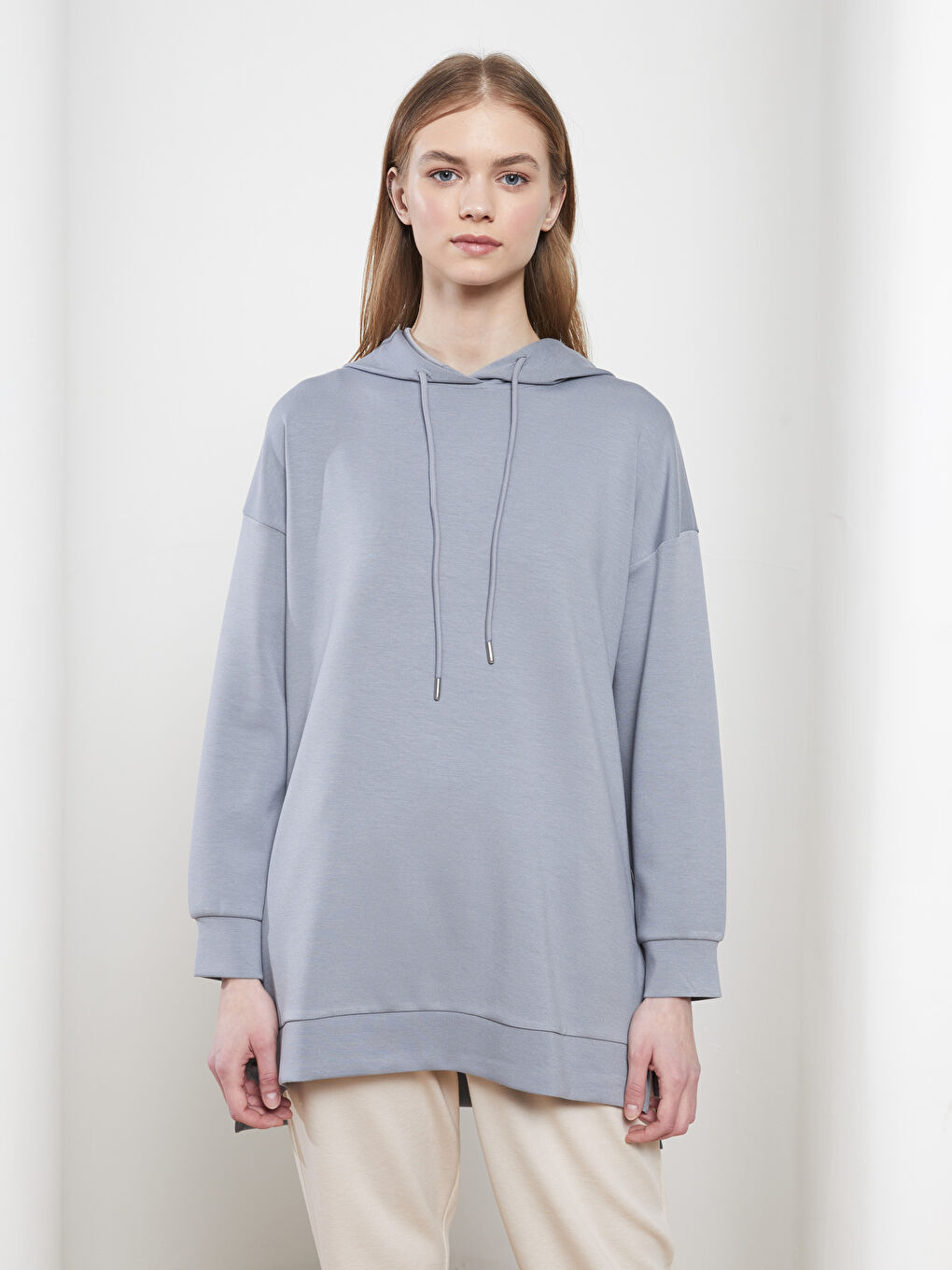 Mavi Kapüşonlu Düz Uzun Kollu Kadın Sweatshirt Tunik-2
