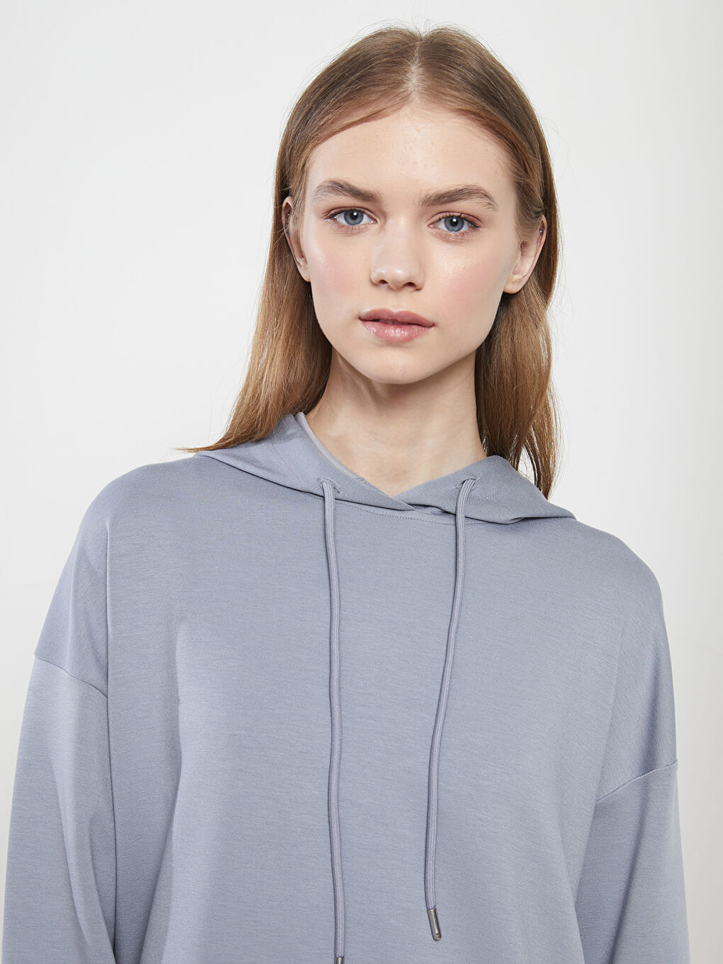 Mavi Kapüşonlu Düz Uzun Kollu Kadın Sweatshirt Tunik-3