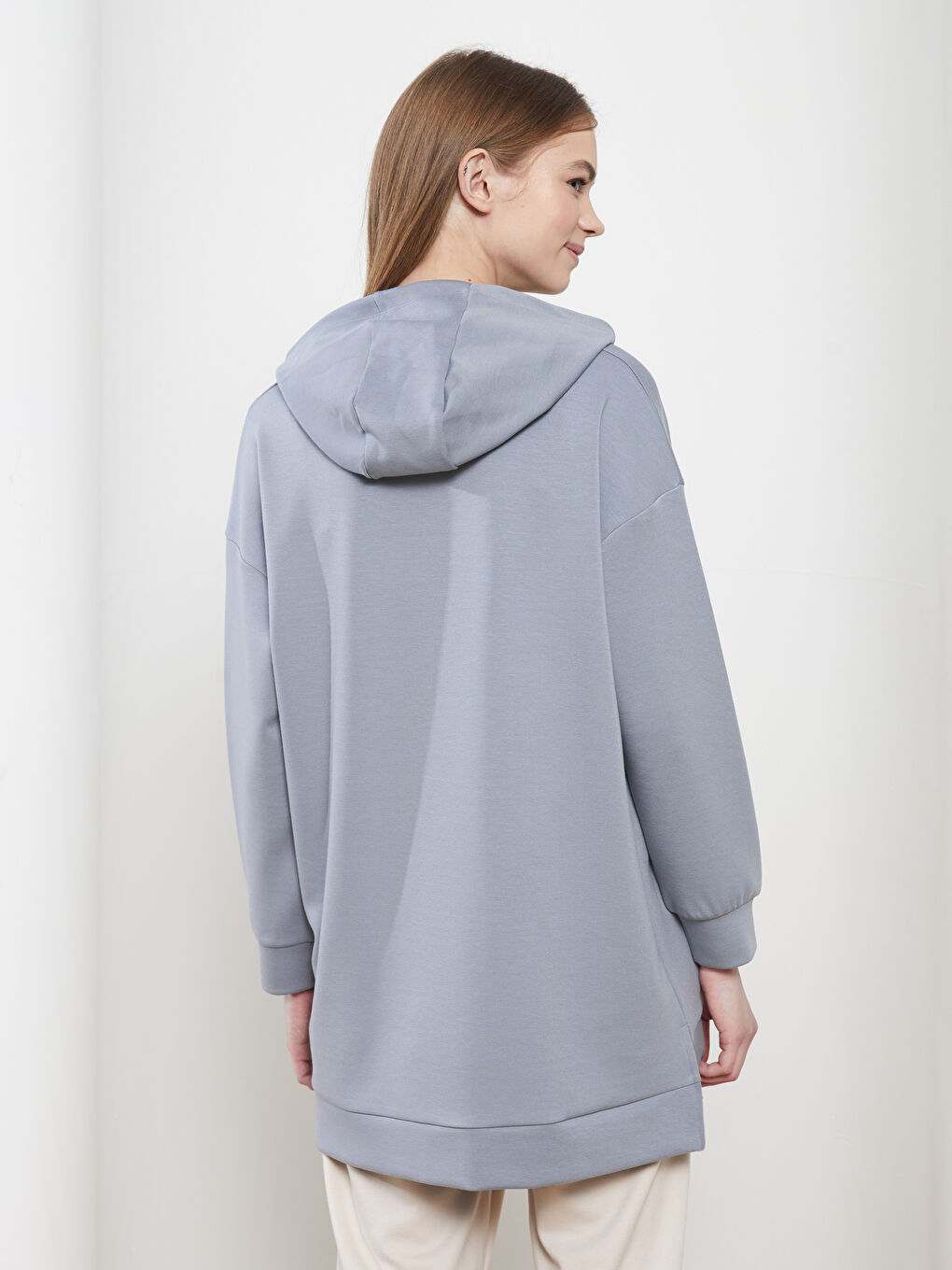 Mavi Kapüşonlu Düz Uzun Kollu Kadın Sweatshirt Tunik-4