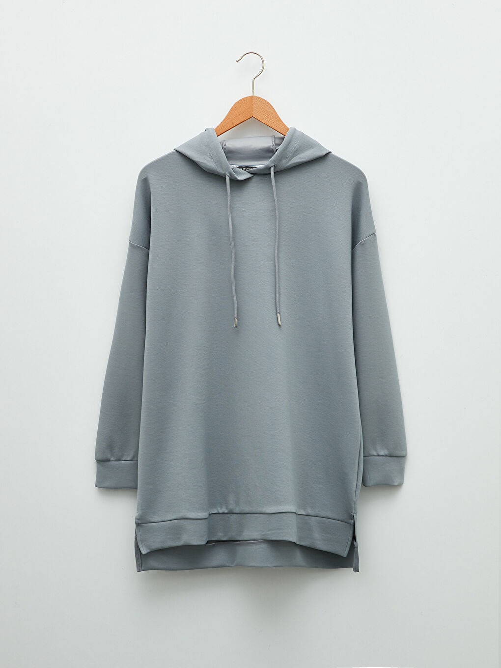 Mavi Kapüşonlu Düz Uzun Kollu Kadın Sweatshirt Tunik-5