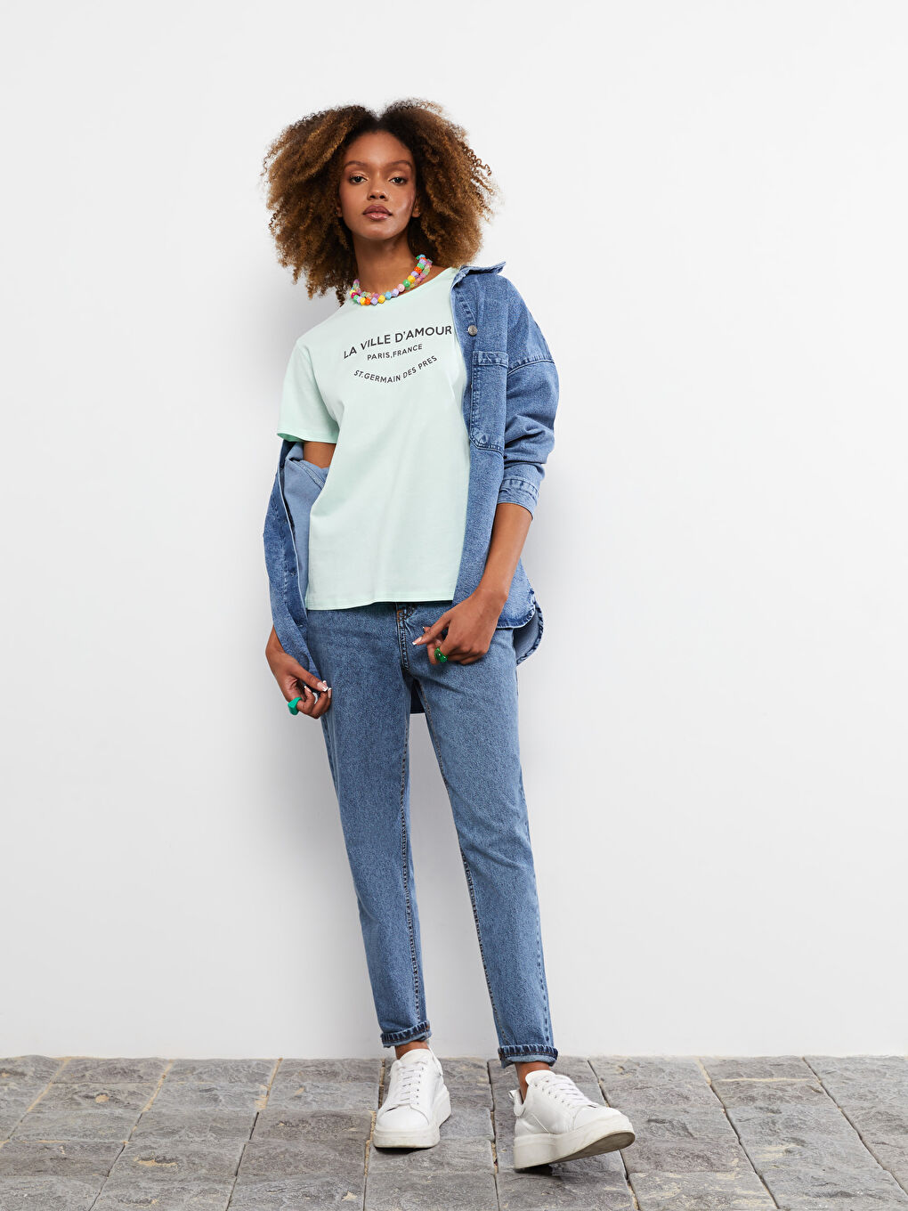 Yeşil Bisiklet Yaka Baskılı Kısa Kollu Pamuklu Kadın Tişört