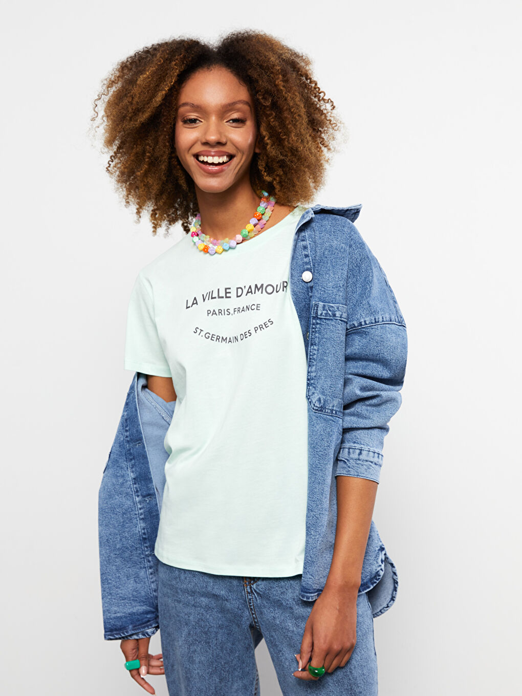 Yeşil Bisiklet Yaka Baskılı Kısa Kollu Pamuklu Kadın Tişört-1