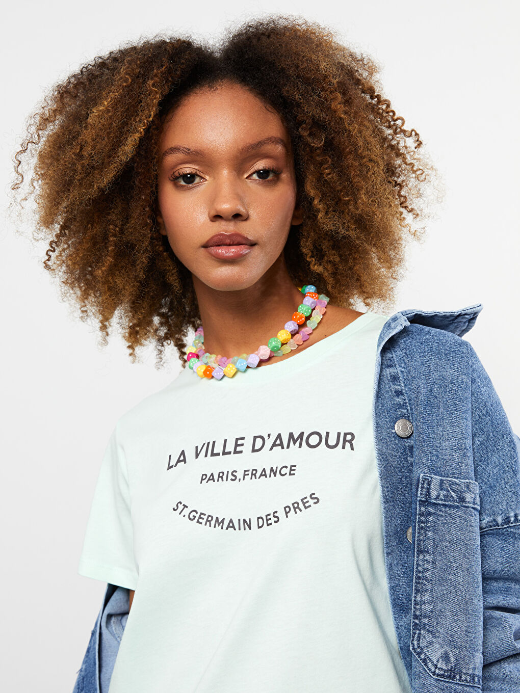 Yeşil Bisiklet Yaka Baskılı Kısa Kollu Pamuklu Kadın Tişört-2