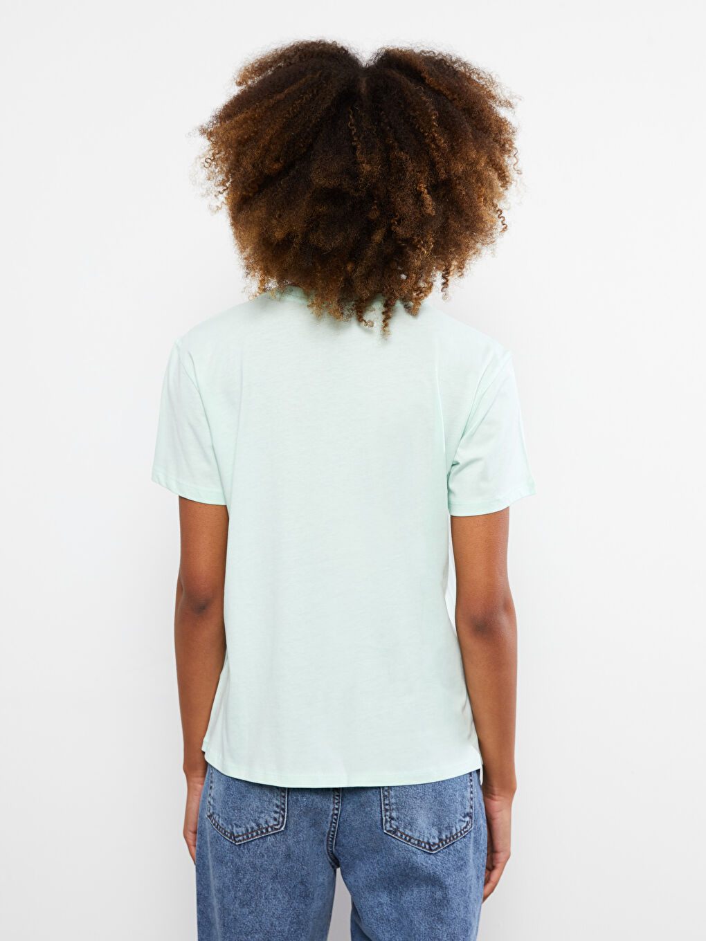 Yeşil Bisiklet Yaka Baskılı Kısa Kollu Pamuklu Kadın Tişört-3