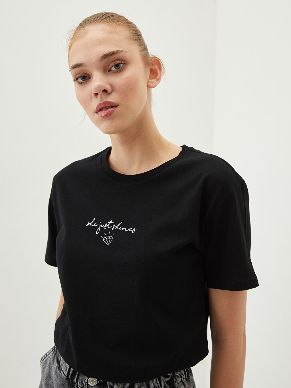 Tricou din Bumbac cu Mânecă Scurtă Imprimat și Guler Rotund pentru Femei