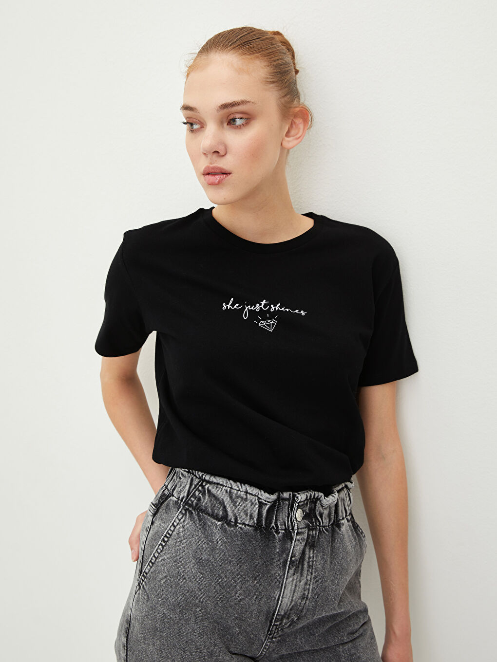 Tricou din Bumbac cu Mânecă Scurtă Imprimat și Guler Rotund pentru Femei-1