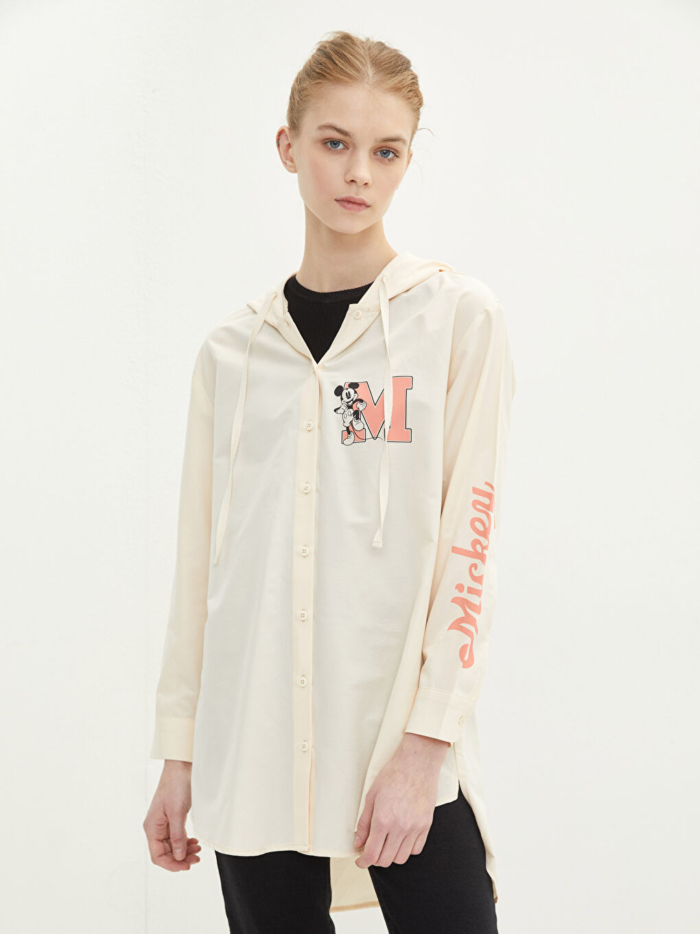 Hooded Mickey Mouse Printed Long Sleeve Poplin Women's Tunic