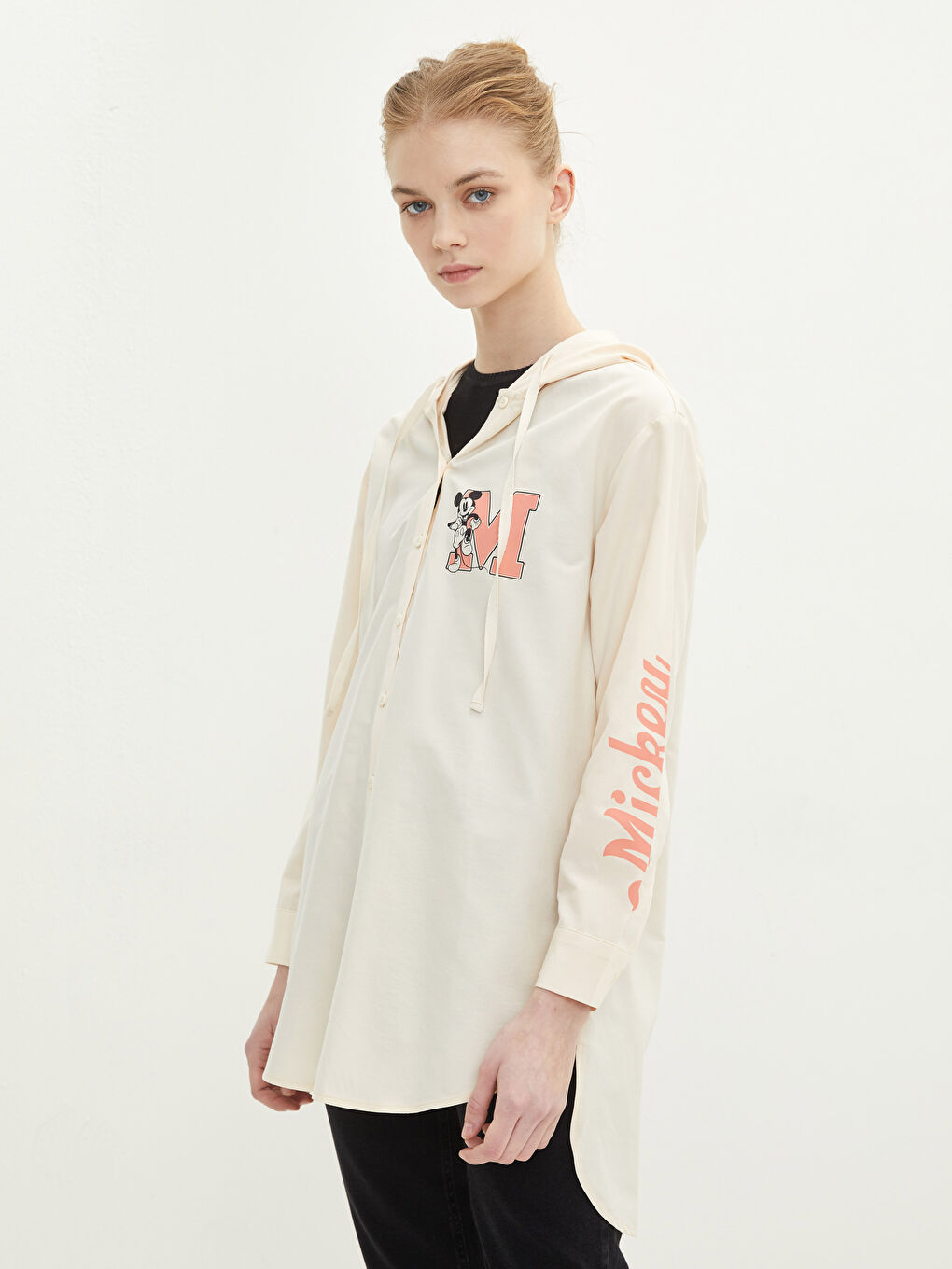 Hooded Mickey Mouse Printed Long Sleeve Poplin Women's Tunic-1