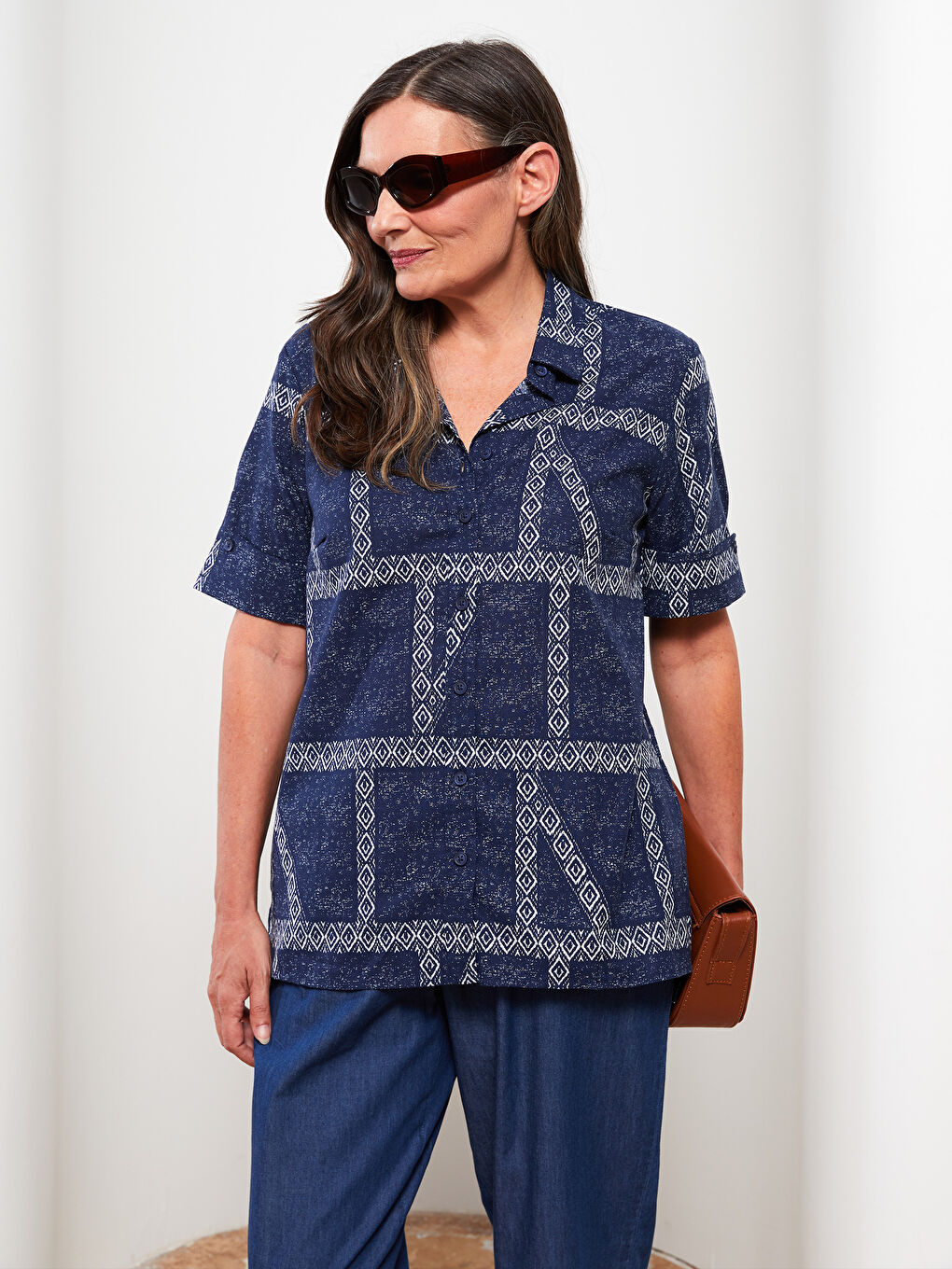 Chemise en Coton à Manches Courtes avec Fermeture à Boutons sur le Devant Imprimée pour Femmes