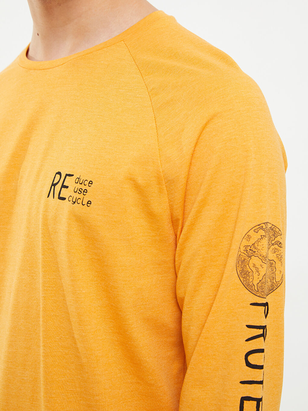 Turuncu Bisiklet Yaka Uzun Kollu Baskılı Erkek Tişört-3