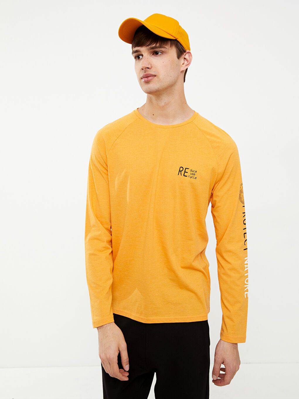 Turuncu Bisiklet Yaka Uzun Kollu Baskılı Erkek Tişört-1