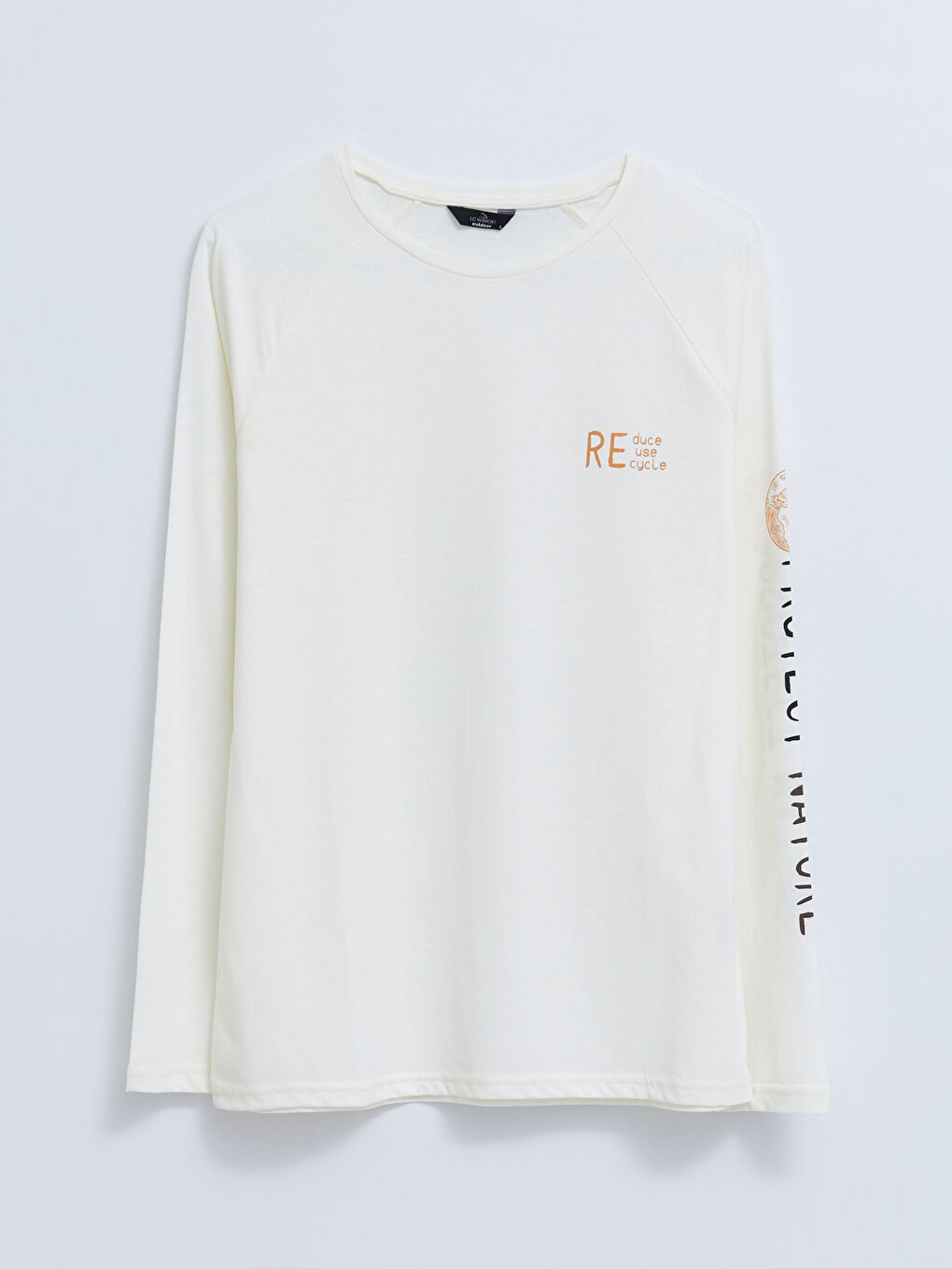 Ekru Bisiklet Yaka Uzun Kollu Baskılı Erkek Tişört-5