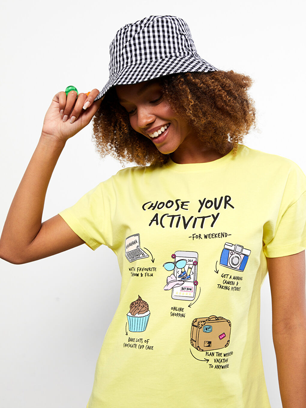 Sarı Bisiklet Yaka Baskılı Kısa Kollu Pamuklu Kadın Tişört