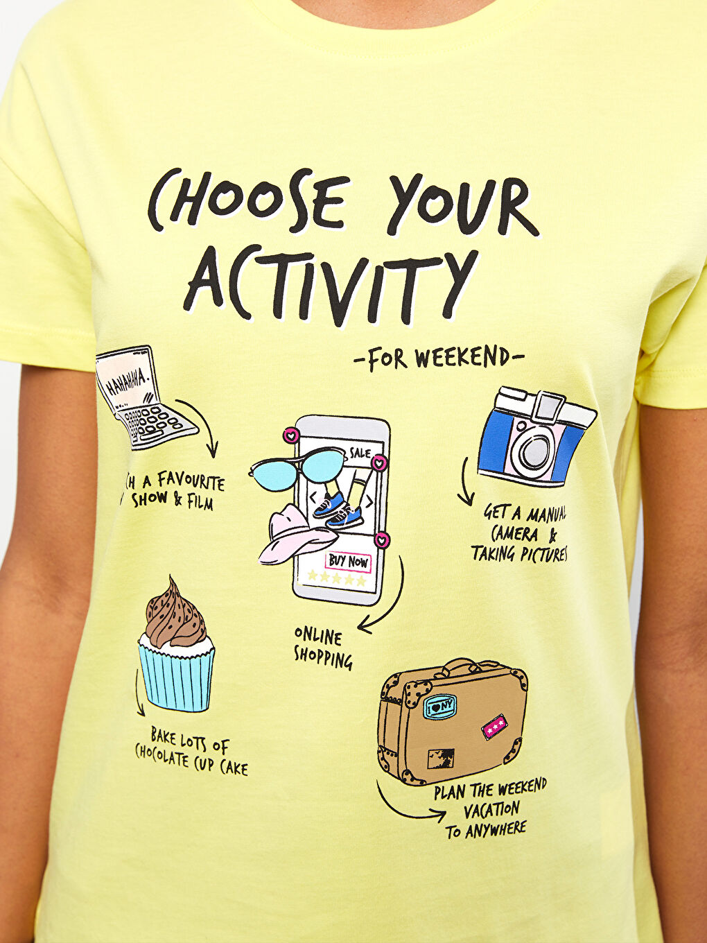 Sarı Bisiklet Yaka Baskılı Kısa Kollu Pamuklu Kadın Tişört-3