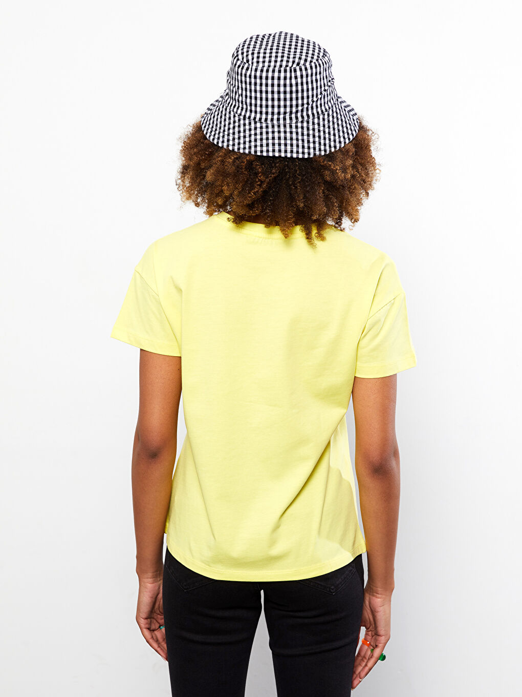 Sarı Bisiklet Yaka Baskılı Kısa Kollu Pamuklu Kadın Tişört-4