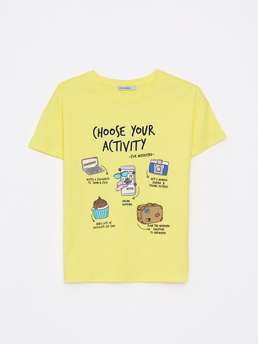 Sarı Bisiklet Yaka Baskılı Kısa Kollu Pamuklu Kadın Tişört-5